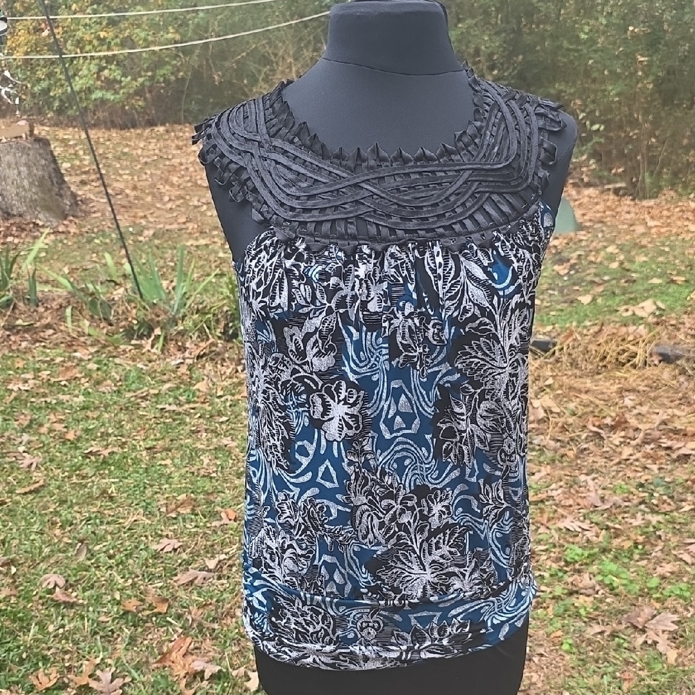 Perseption Black and Blue Patterned Blouse